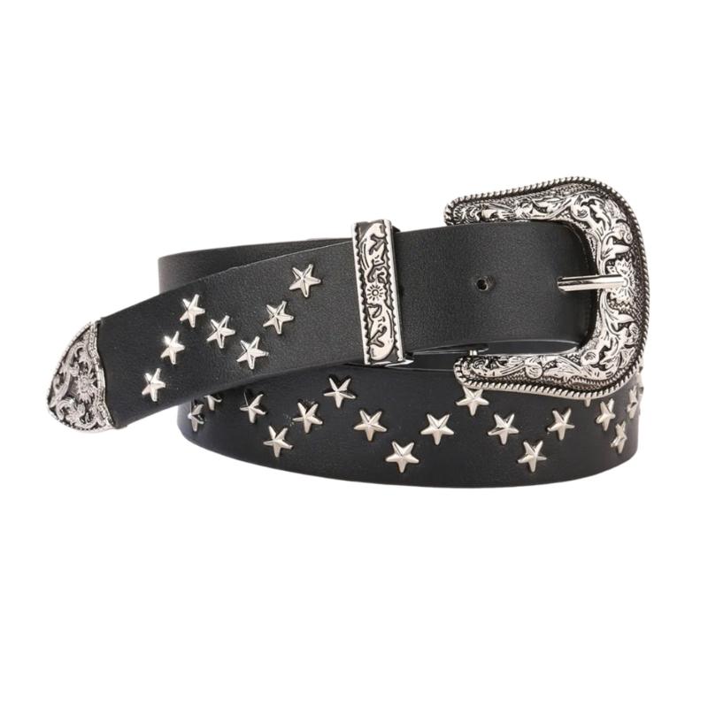 

Adult Star Rivet Waist Belt with Adjustable Unique Relief Buckle Waistband PU Waist Belts for Rock Fan Wear Resistant