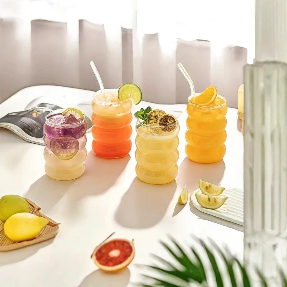 4 Pezzi Tazze di Vetro Creative Tazza da Caffè Bicchieri Trasparenti da Bere Tazze in Vetreria Rigata Set Bicchieri da Cocktail Frutta con Cannucce Bicchieri