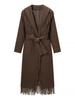 Women's Commuting Tassel Multi-Button Striped Long Woolen Overcoat