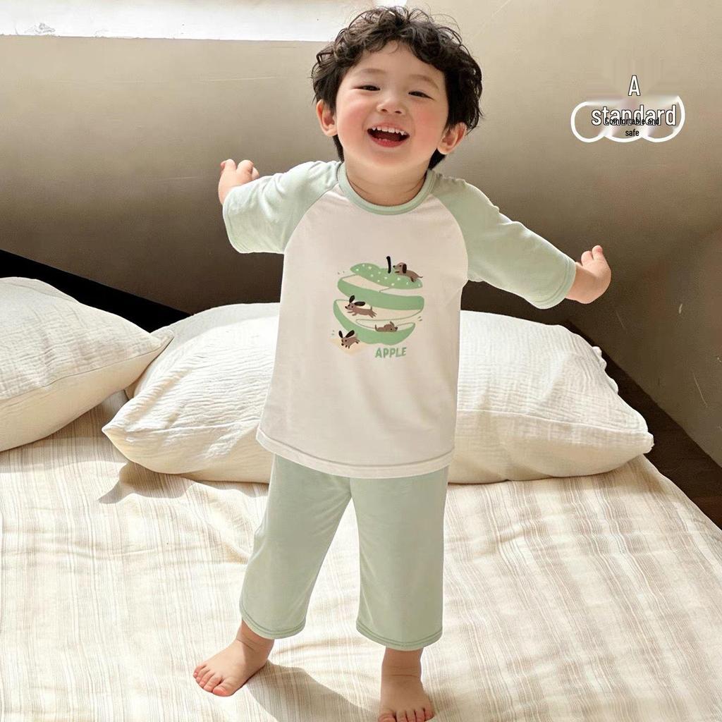 Sommer-Schlafanzug-Set mit Sieben-Ärmeln aus Eis-Seide für Kinder – Süße Loungewear für Jungen & Mädchen