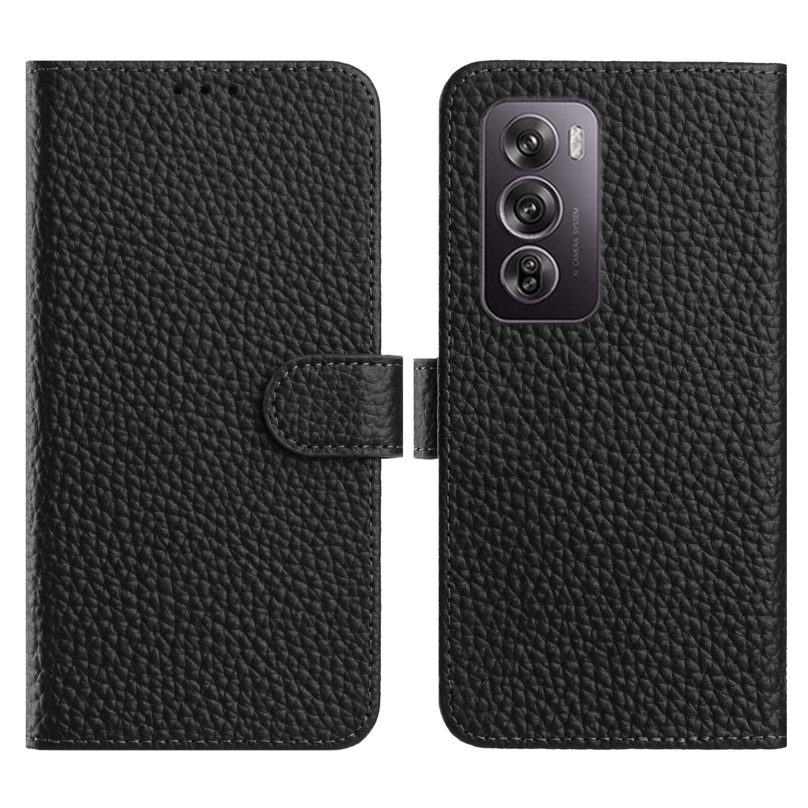 

For Oppo Reno12 5G (Global) Case Wallet Stand Litchi Texture Genuine Cow Leather Flip Phone Cover Black