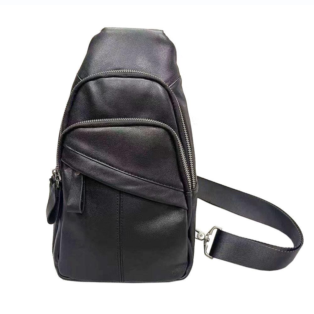 Men'S Breast Bag, Genuine Leather Men'S Bag, Casual Small Shoulder Bag, Large Capacity Messenger Bag, Black Cowhide.