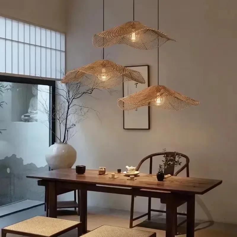 Japanese Retro Rattan Lamp Restaurant Chandelier Coffee Shop Restaurant Loft Home Decor Hanging Rattan Straw Hat Pendant Light