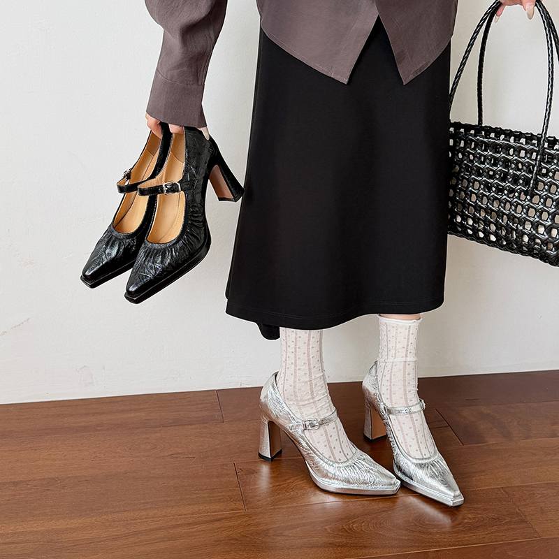 Krazing Pot Suede Sheepskin Square Toe High Heels Summer Solid Color Shoes Big Size 41 Buckle Women Modern Pumps