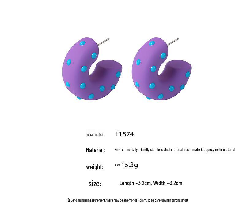Eco-Friendly Resin Polka Dot C-Shaped Earrings - Trendy Pastoral Style with Stainless Steel, European & American Jewelry.