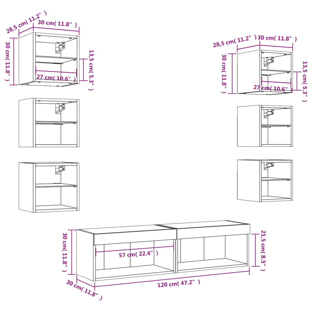 8 Piece Living Room Wall Unit with LED Lighting Grey Sonoma Wood Based Material