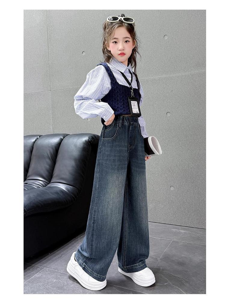 Girls' Stylish Wide-Leg Jeans with Pocket Embroidery - Autumn 2025 Collection
