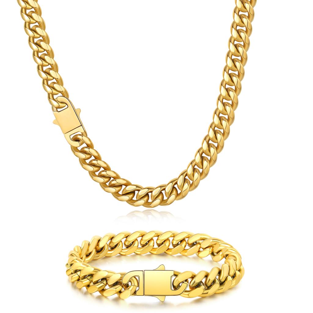 18K Gold Filled Necklace for Men 8mm/10mm Chunky Miami Cuban Chain Curb Link Men Bracelet