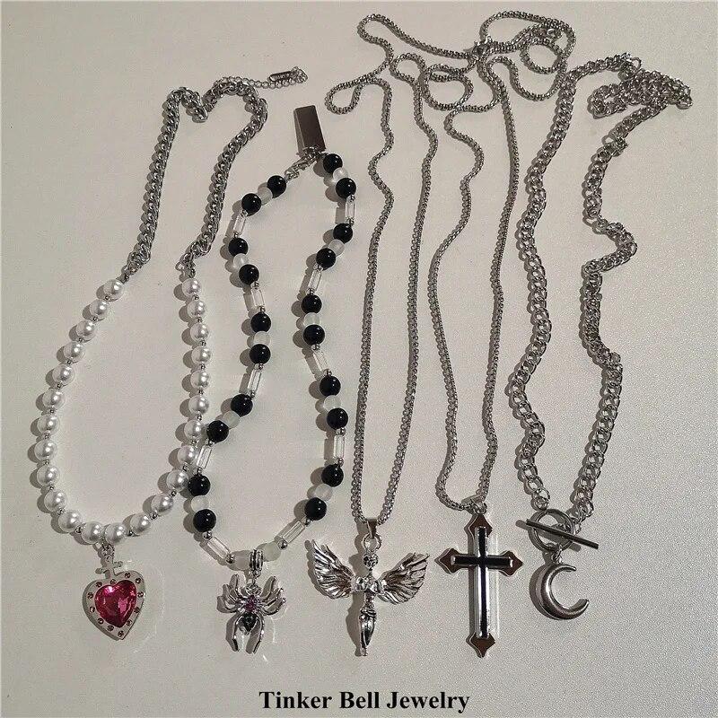 Vintage Perle Liebe Schmetterling Spinne Anhänger Halskette Für Männer Frauen Gothic Hip Hop Kreuz Mond Kette Lange Schmuck Halloween