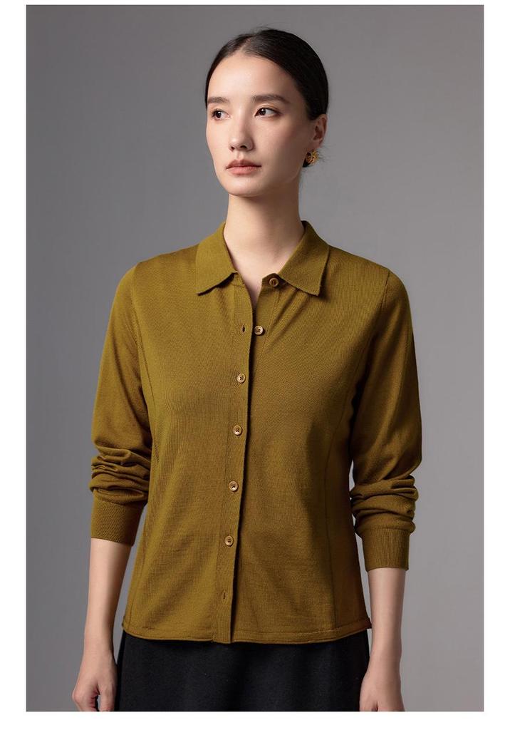 Women's High-End 48s Yangzi Fine Wool Cardigan, Solid Color, POLO Lapel Knit Jacket, Casual Spring/Autumn Style.