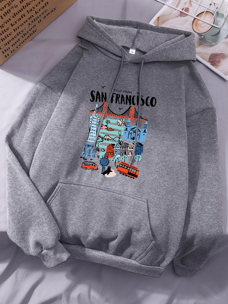Hallo aus San Francisco Druck Hoodies Damen Street Locker Kapuzenpullover Basics Sportliches Sweatshirt Winter Fleece Warm Damen Sportbekleidung