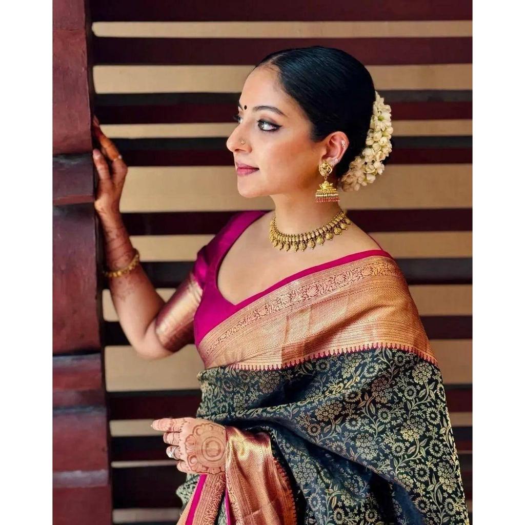 New Launch – Elegant Soft Lichi Silk Saree with Rich Jacquard Weaving & Contrast Blouse Elegance