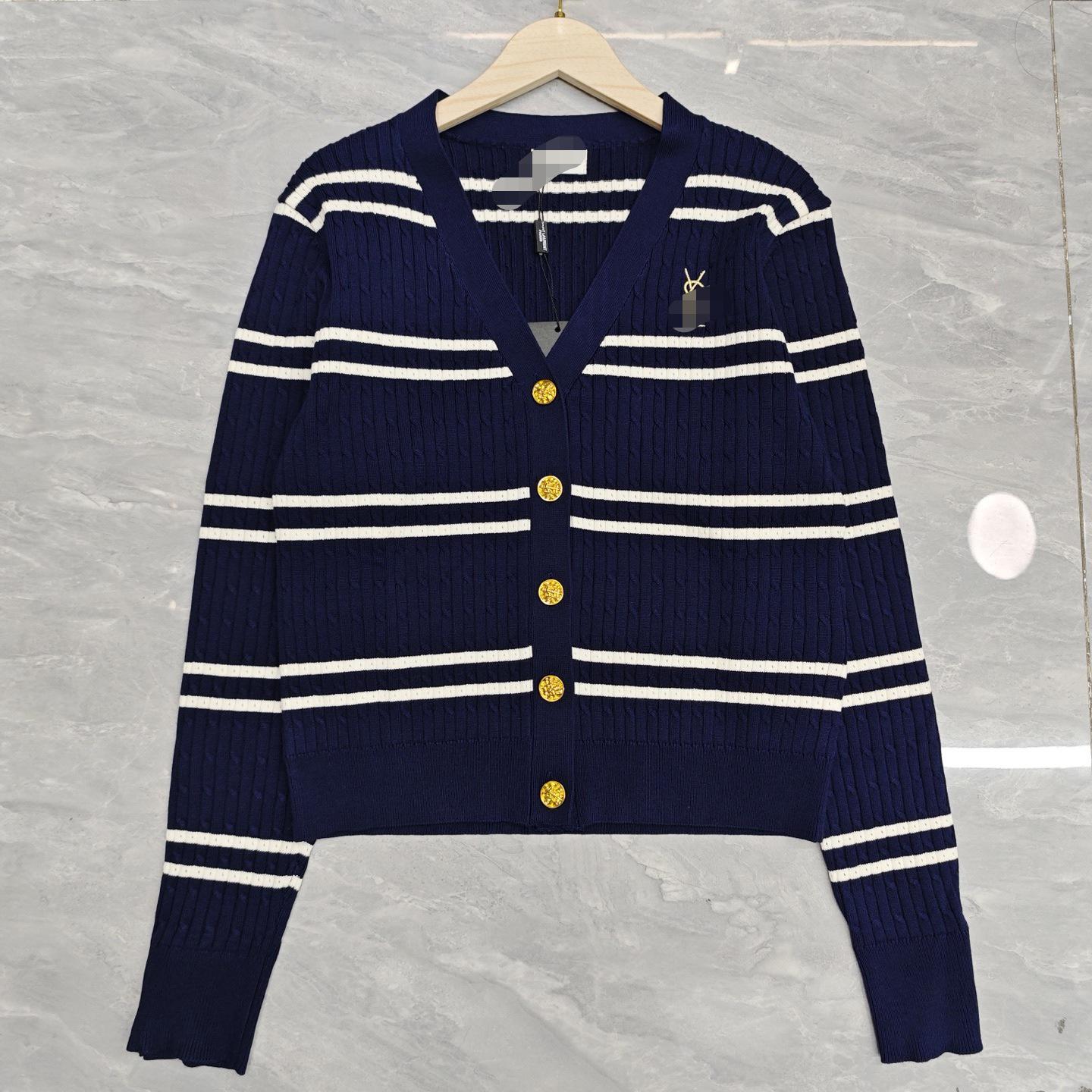 

Women s Autumn Striped Gold Embroidered V-Neck Slim Fit Knit Cardigan Large темно-синього кольору