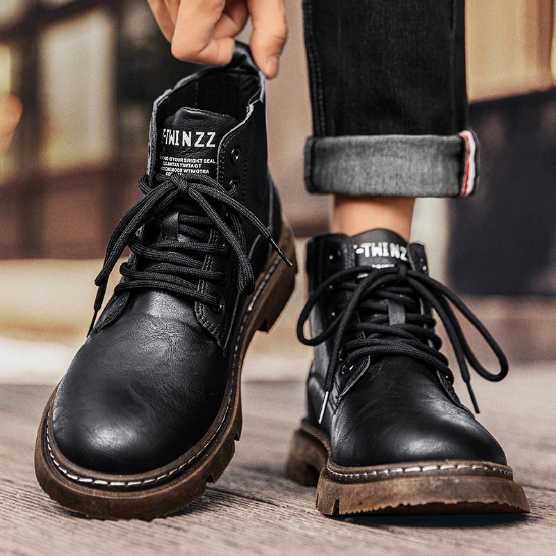 Pánské podzimní kotníkové boty v britském stylu, americké retro lokomotivní kožené boty se středně vysokým svrškem, sportovní boty na silné podrážce pro zvýšení výšky, pracovní boty