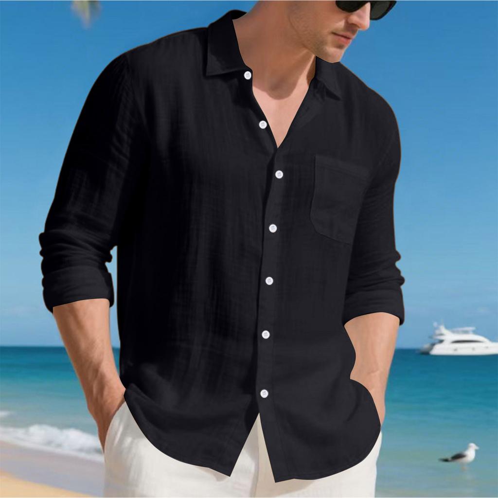 Men's Color Loose-Fit Linen Long-Sleeved Collared Shirt Cardigan