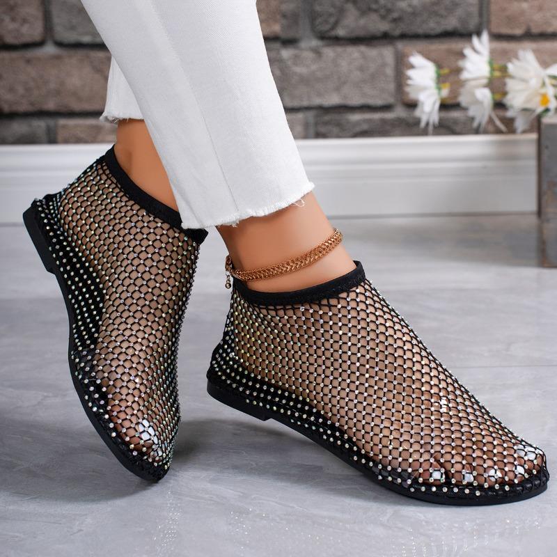 Ladies' Summer Round Toe Sandals with Hollowed Out Internet Celebrity Studded Diamond Short Boots, Sexy Plus Size Flat Shoes, Breathable