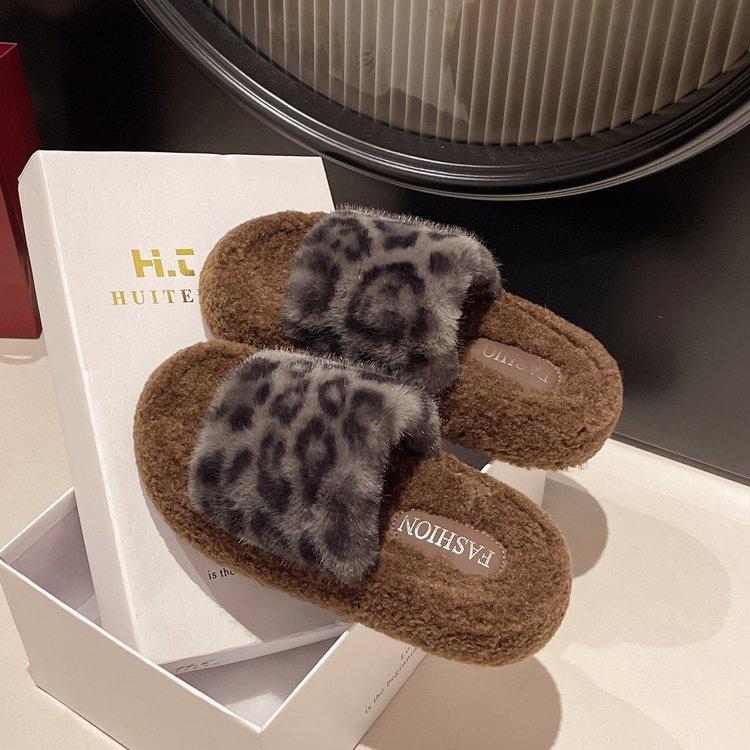 Leopard Print Platform New Autumn And Winter Fashion Home Furry Cotton Slippers
