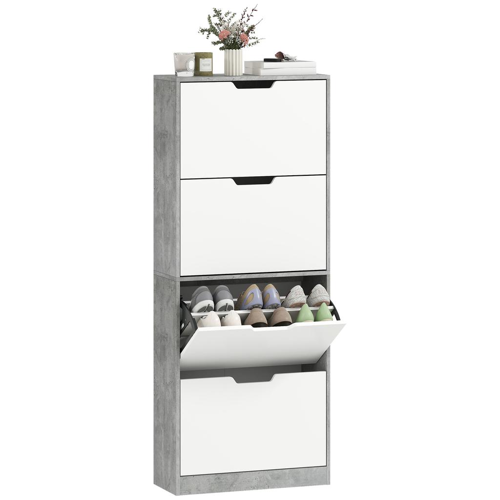 Modern Space-Saving Shoe Cabinet with 4 Doors for 16 Pairs of Shoes, 62.5x26x156 cm, Concrete Grey