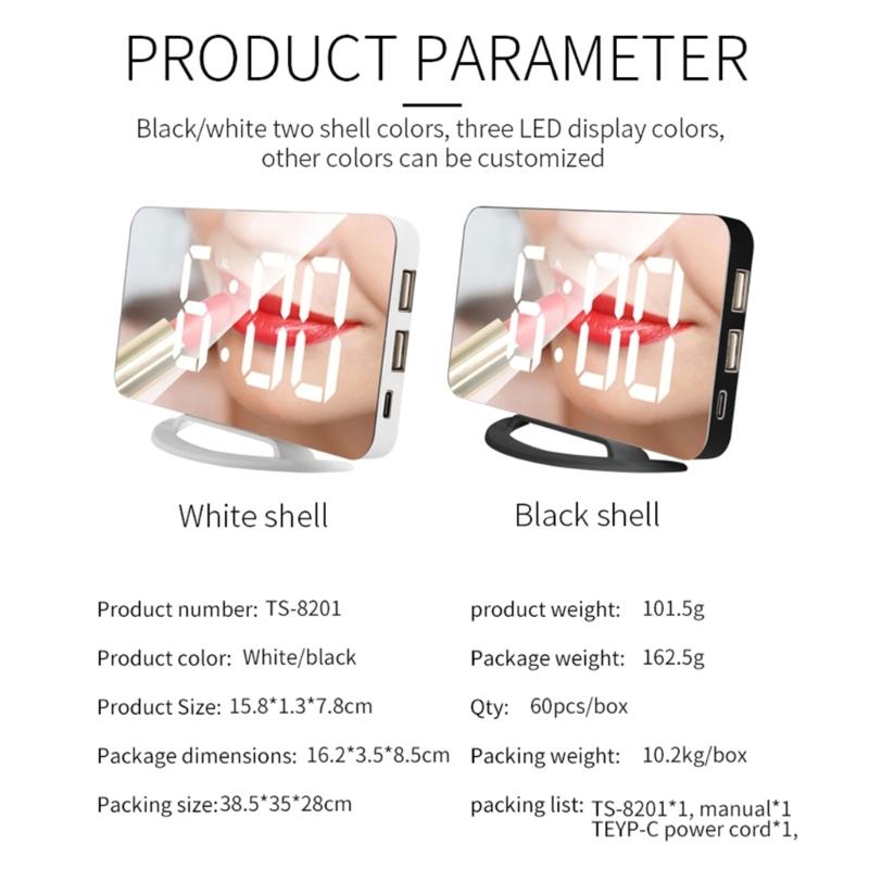 Digital Alarm Clock Large Display LED Mirror Electronic Clocks with Snooze Dual USB Ports 3 Adjustable Brightness Home