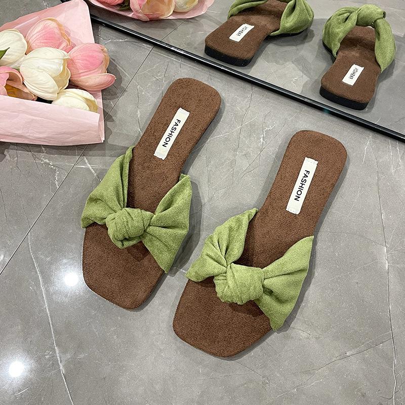 Suede Cool Slippers Women's Summer New Outer Wear Fairy Wind Square Head Flat Bottom One-word Drag Beach Slippers Large Size Women's Shoes