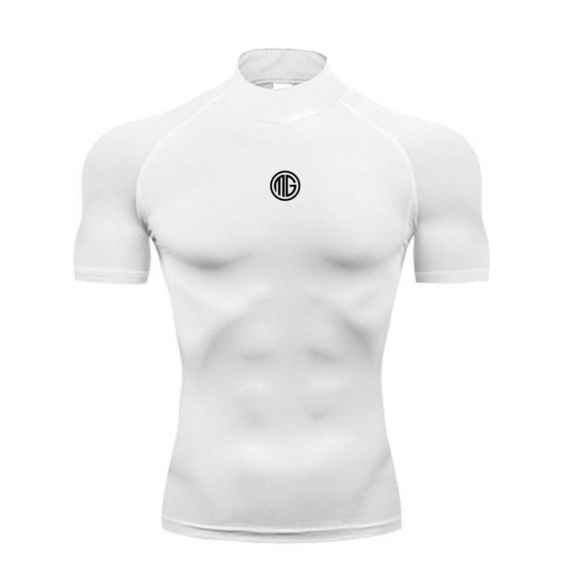 

Muscleguys Running T-shirts Mens Compression Shirt Summer Turtleneck Elastic Quick Dry Sports Tees Muscle Gym Workout Short Sleeve T Shirts XXL белый