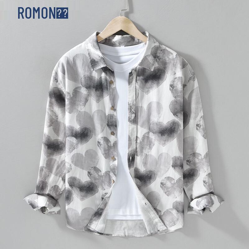 Romon Men s Lyocell Linen Printed Long-Sleeve Shirt 2XL