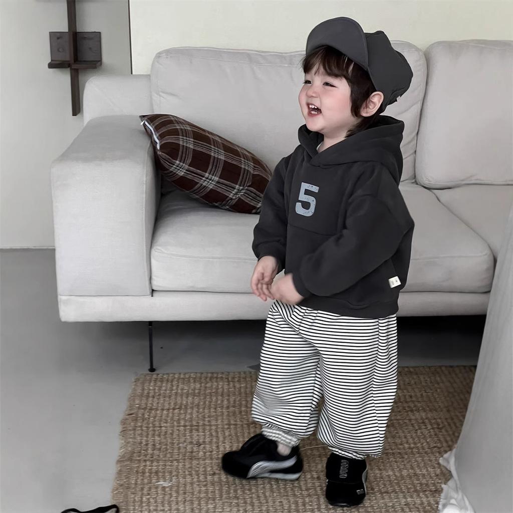 Baby clothes autumn and winter thickened hooded sweater set children's clothing boys striped sweatpants fleece two-piece set