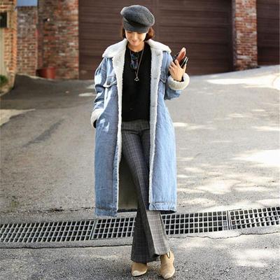 Winter Thicken Long Lamb Velvet Denim Trench Coat Winter Long Trench Coats for Women Single Breasted Designed Denim Coats