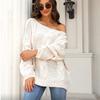 Ladies Autumn Winter Lantern Sleeve Flat Shoulder Pullover Solid Color Loose Knitted Sweater Knitwear Top