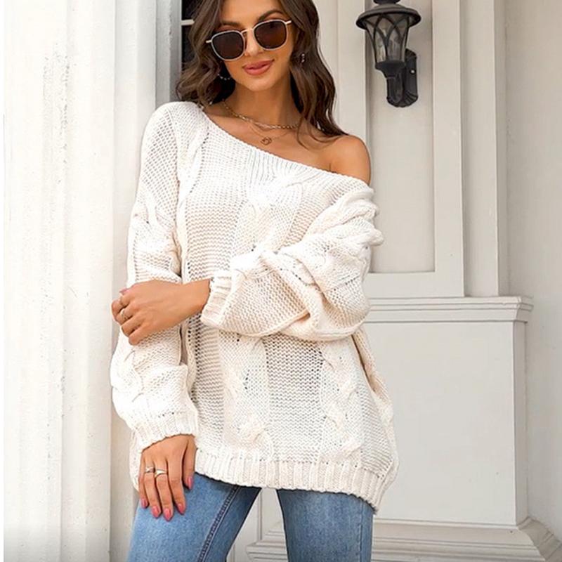 Ladies Autumn Winter Lantern Sleeve Flat Shoulder Pullover Solid Color Loose Knitted Sweater Knitwear Top