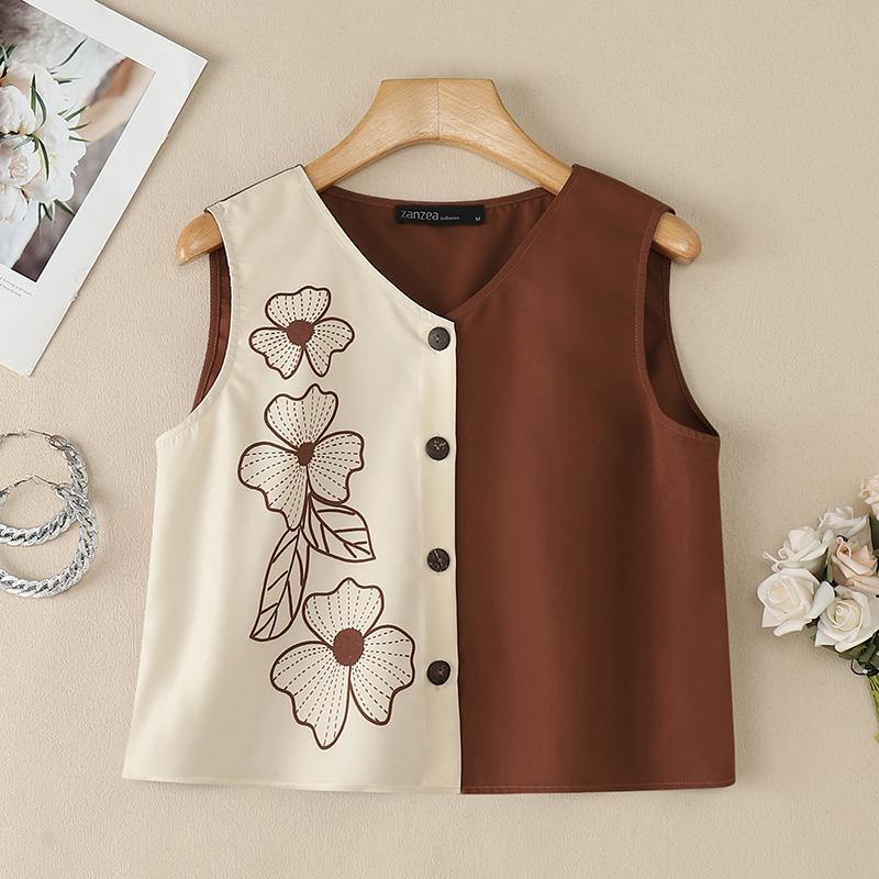 ZANZEA Damen Casual V-Ausschnitt Ärmellose Tanktops mit Aufdruck