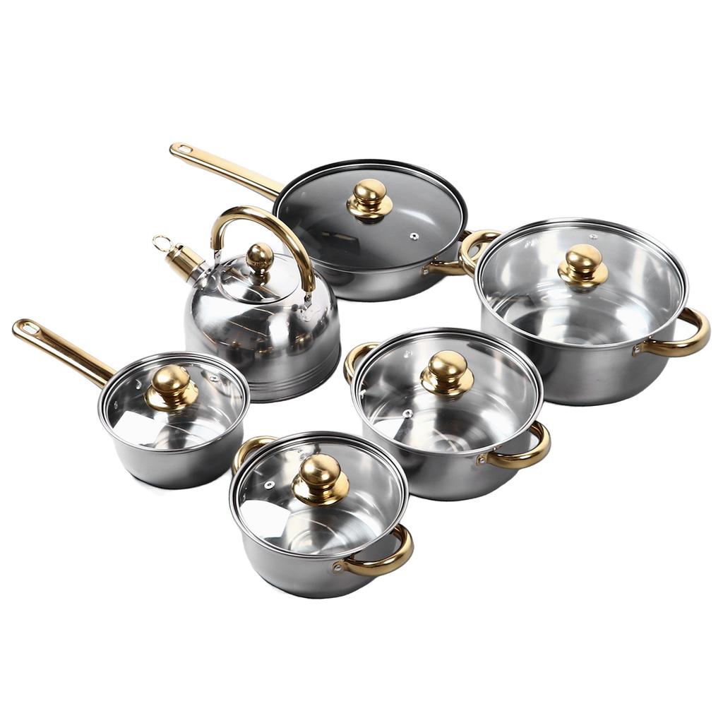 12-teiliges Küchen-Topf-Set aus Edelstahl mit goldenem Griff, glatt, robust, leicht zu reinigen, Kochgeschirr-Set für den Hausgebrauch
