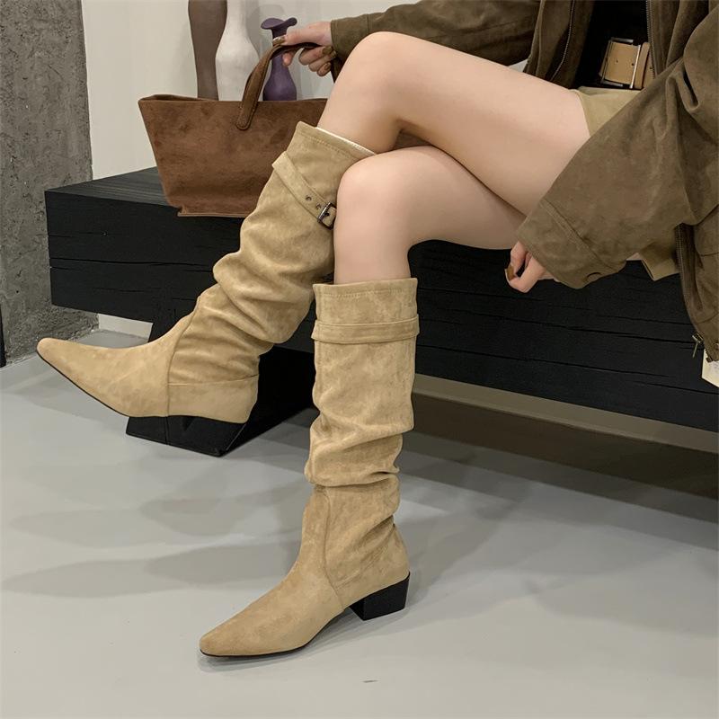 Rich and noble, pointed thick heels and thin boots, stacked boots, belt buckle, Korean pleated high-heeled boots, thin boots