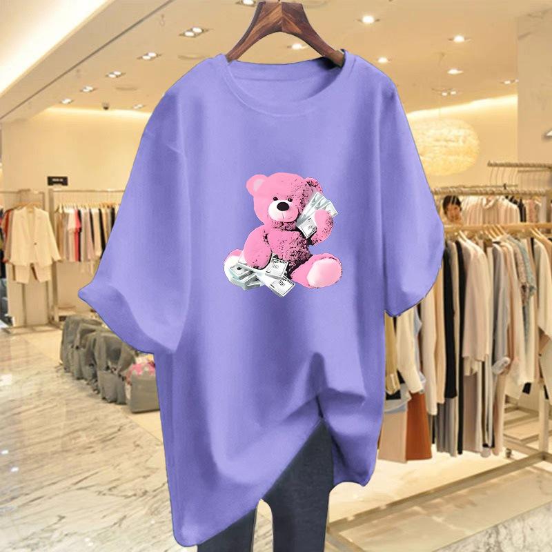 Bear print cotton short-sleeved t-shirt for women's summer new loose round neck medium and long top for women