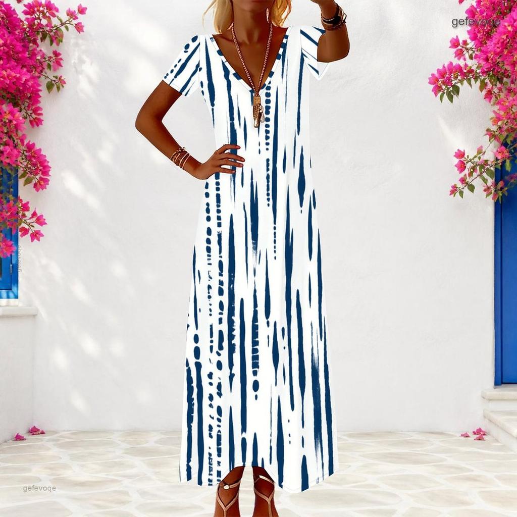 Women Plus Size V Neck Short Sleeve Colorful Printed Loose Long Dress