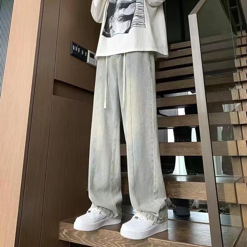 Drawstring straight jeans men's Korean version loose drape versatile trend ins student Harajuku wide-leg trousers