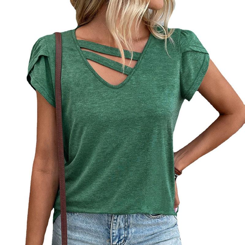 

Летняя женская однотонная пуловер с коротким рукавом и V-образным вырезом, футболка, блузка, топ XXXL зелёный
