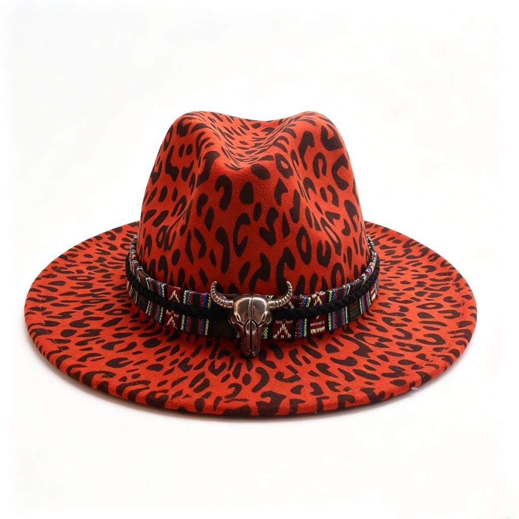 Western cowboy hat new peach heart top big brim leopard print British style fashion woolen jazz top hat