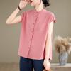 Pink cotton shirt women's new product in summer 2025 literary and simple round neck bag sleeve solid color cardigan top