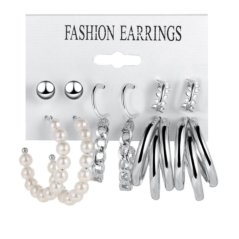 Hot European & American Geometric Pearl Circle Ear Cuffs & Round Bead Stud Earring Set