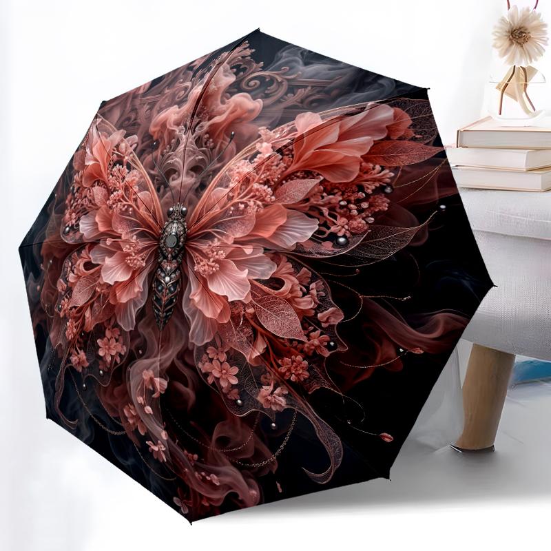 1pc Sturdy 8-Bone Auto Umbrella, Elegant Pink Butterfly Golden Butterflies Umbrella, Digital Printed, Foldable Umbrella for On-the-Go Outdoor Use
