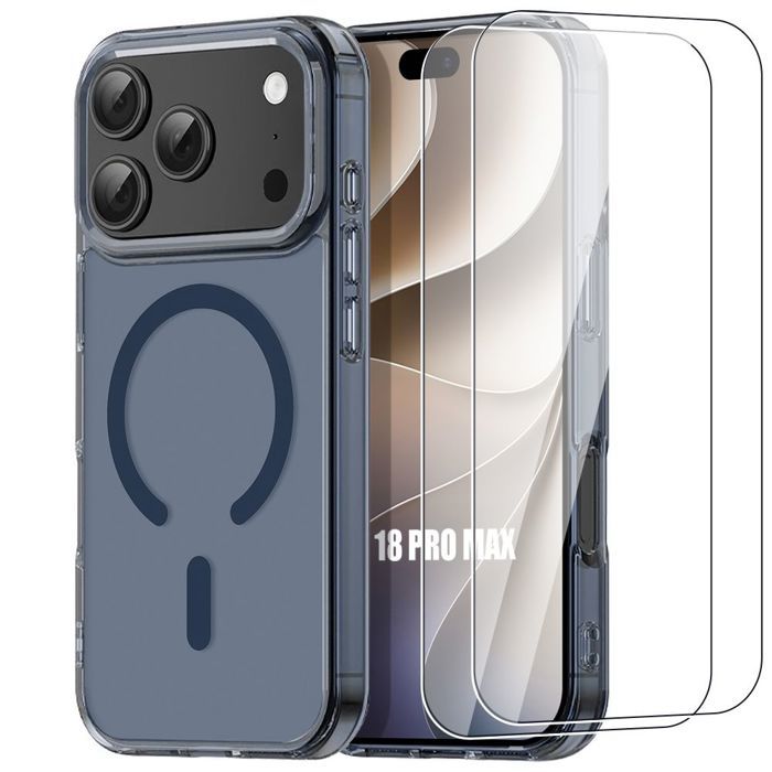 Coque + 2 Verres Trempés pour iPhone 18 Pro Max, Bumper Rigide avec Cercle Magnétique Bleu Marine