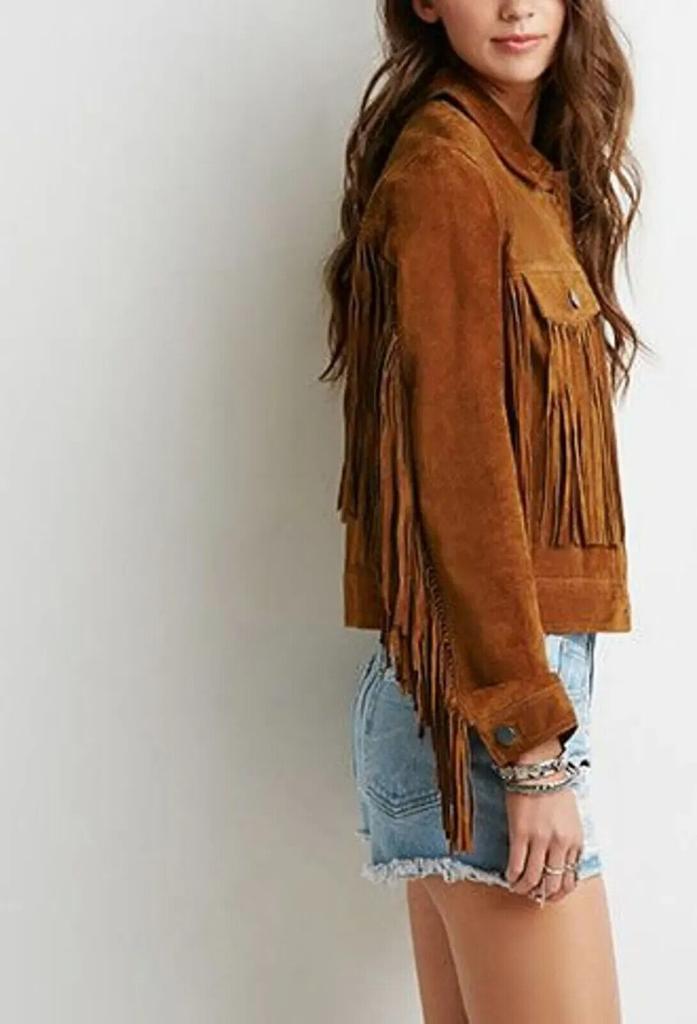 Suede Fringed Jacket Women Brown Motorcycle Leather Genuine Lambskin Handmade