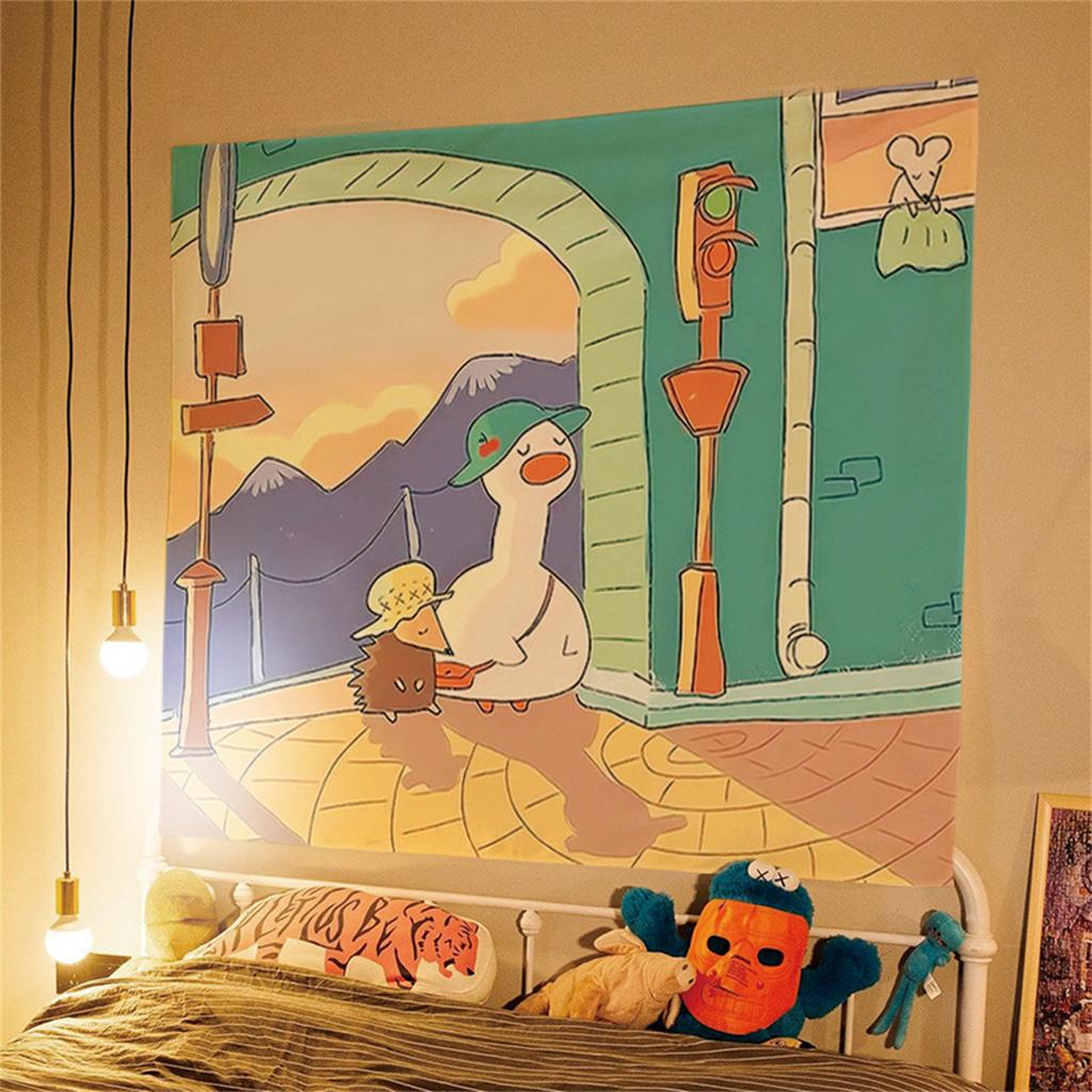 Cute Ducks In Rainy Day Tapestry Kawaii Cartoon Animal Wall Hanging for Kids Bedroom Nursery Cozy Dorm Decor
