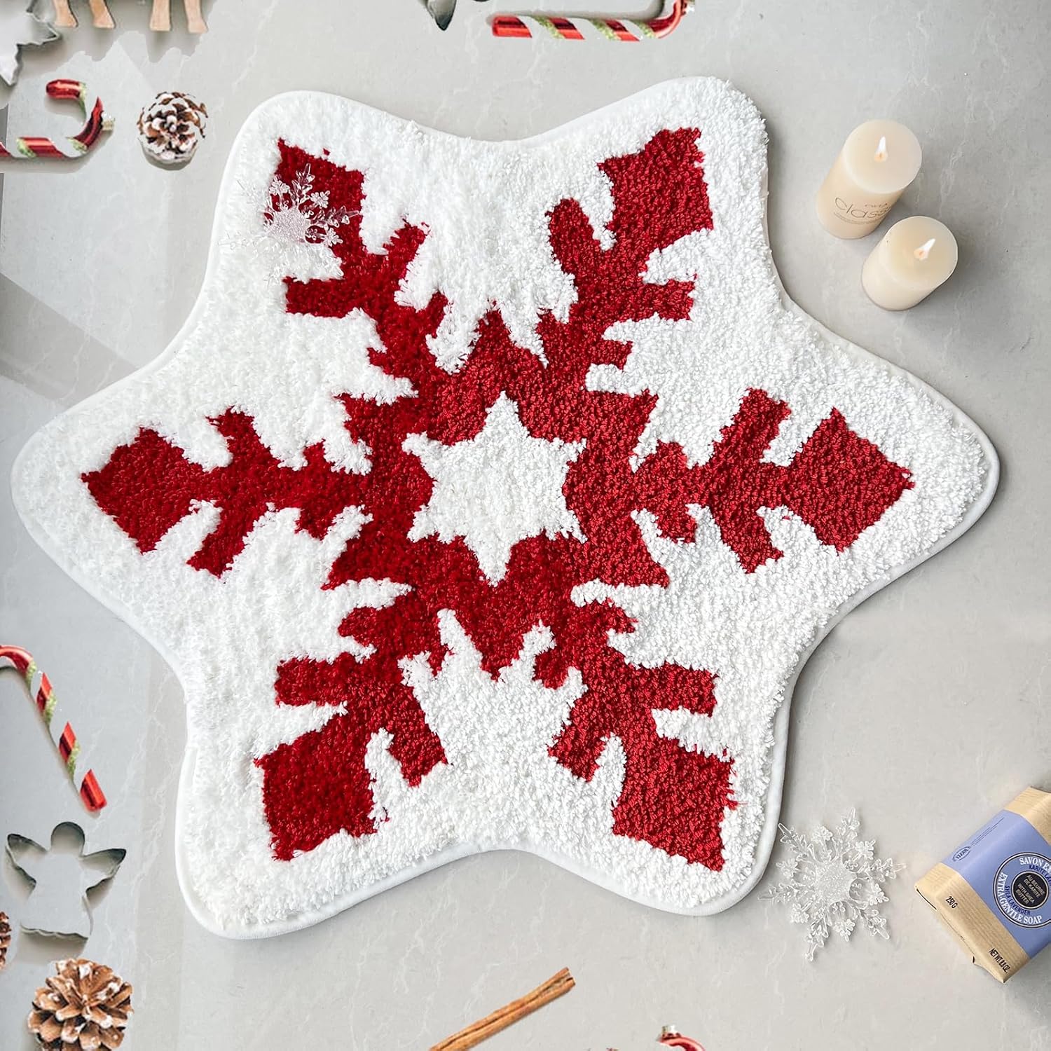 Alfombra Redonda Suave de Imitación Cachemira Copo de Nieve Navideño Rojo Alfombrilla de Baño Invierno Bienvenida Decoración Hogar 60x60cm 24inch