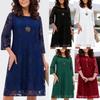 Elegant Seven-Sleeve Round Neck Lace Pleated Dress with Double-Layer Lining