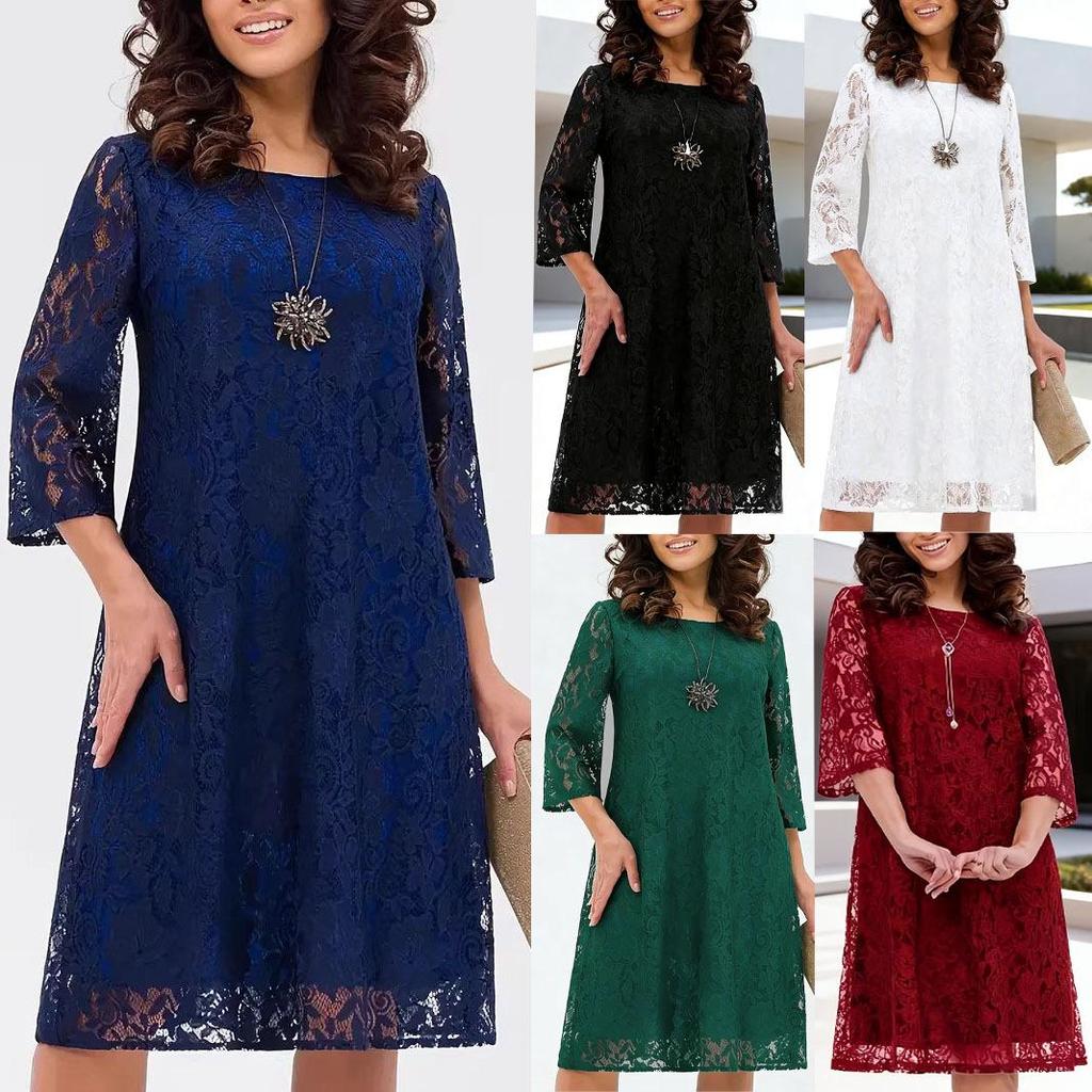 Elegant Seven-Sleeve Round Neck Lace Pleated Dress with Double-Layer Lining