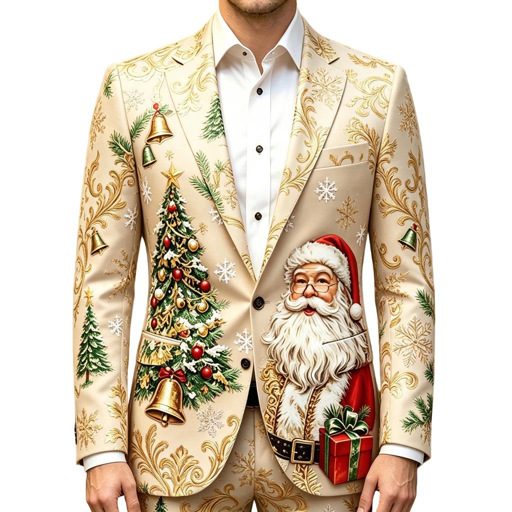 Men's Business Casual Christmas Print Long Sleeve Lapel Jacket No Tie Included