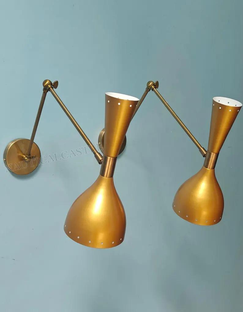 Brass Diabolo Wall Sconce Pair: Mid-Century Modern Italian Lighting