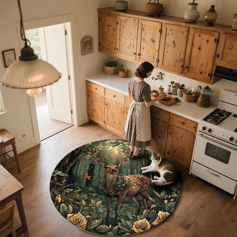 Forest Deer,Round Area Rug,Carpet Rug for Living Room Bedroom Sofa Playroom Decor,Non-slip Floor Mat